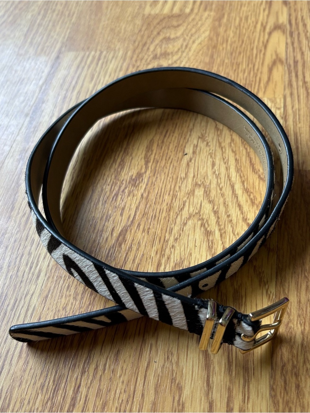 Talbots Zebra Print Skinny Leather Belt Gold Buckle Calf Hair Leather Sz M - Picture 8 of 10